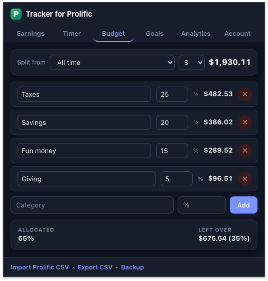 Budget screen with percentage categories like taxes, savings and fun money
