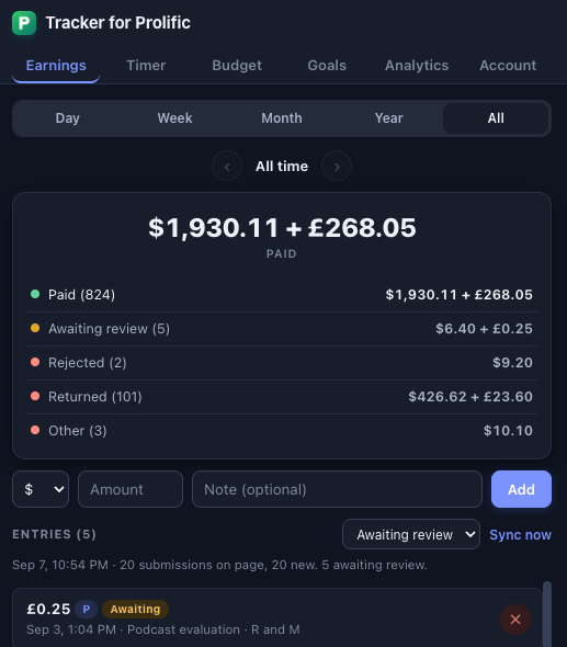 Earnings screen showing totals broken down by paid, awaiting review, rejected and returned