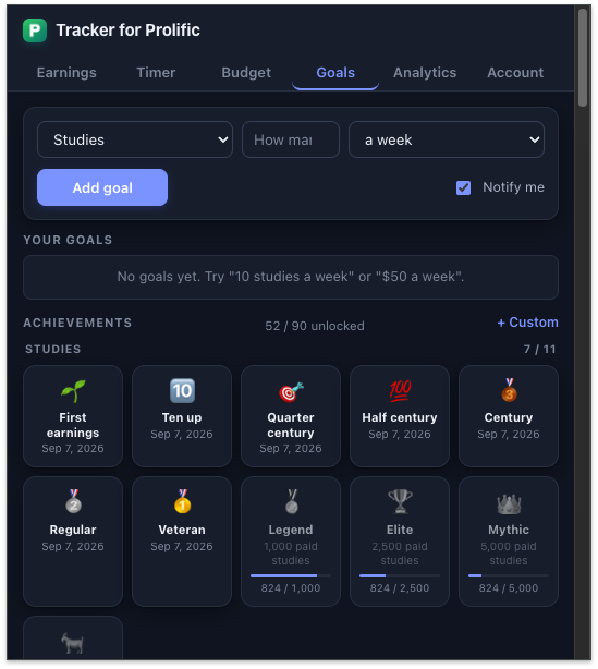 Goals screen with goal builder and achievements grid