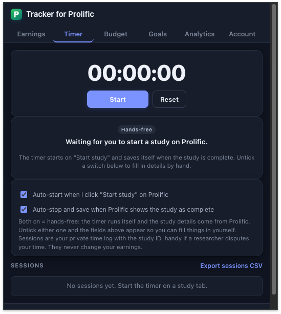 Timer screen with start and reset buttons and hands-free auto-start settings